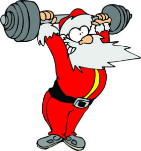 Cartoon Santa Clause doing a snatch with his beard flying out front.